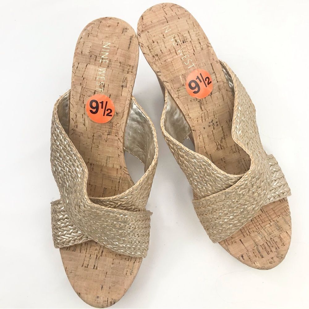 Nine West Gold Weave Crisscross Cork Wedge Sandals NEW